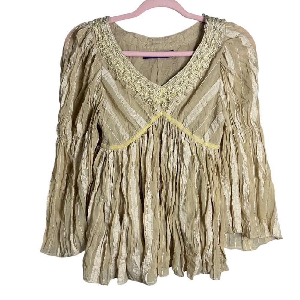 Romantic Renaissance‎ Crinkle Gauze Lace Trim Bell Sleeve Prairie Fairy Top Sz 4